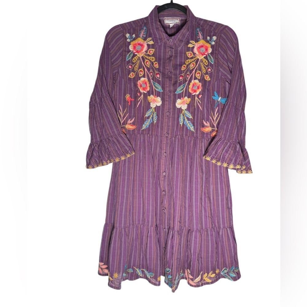 Johnny Was Shuri Mini Dress Womens XS Tiered Floral Embroidered Purple Flowy
